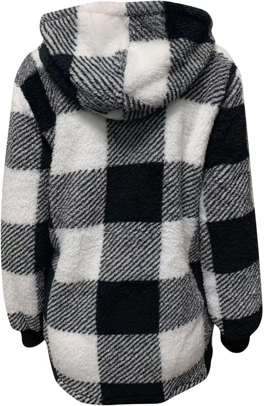 Womens Plaid Flannel Fleece Jackets Fall Winter Sherpa Shackets Long Sleeve Button Down Coats Shirt Casual Jacket