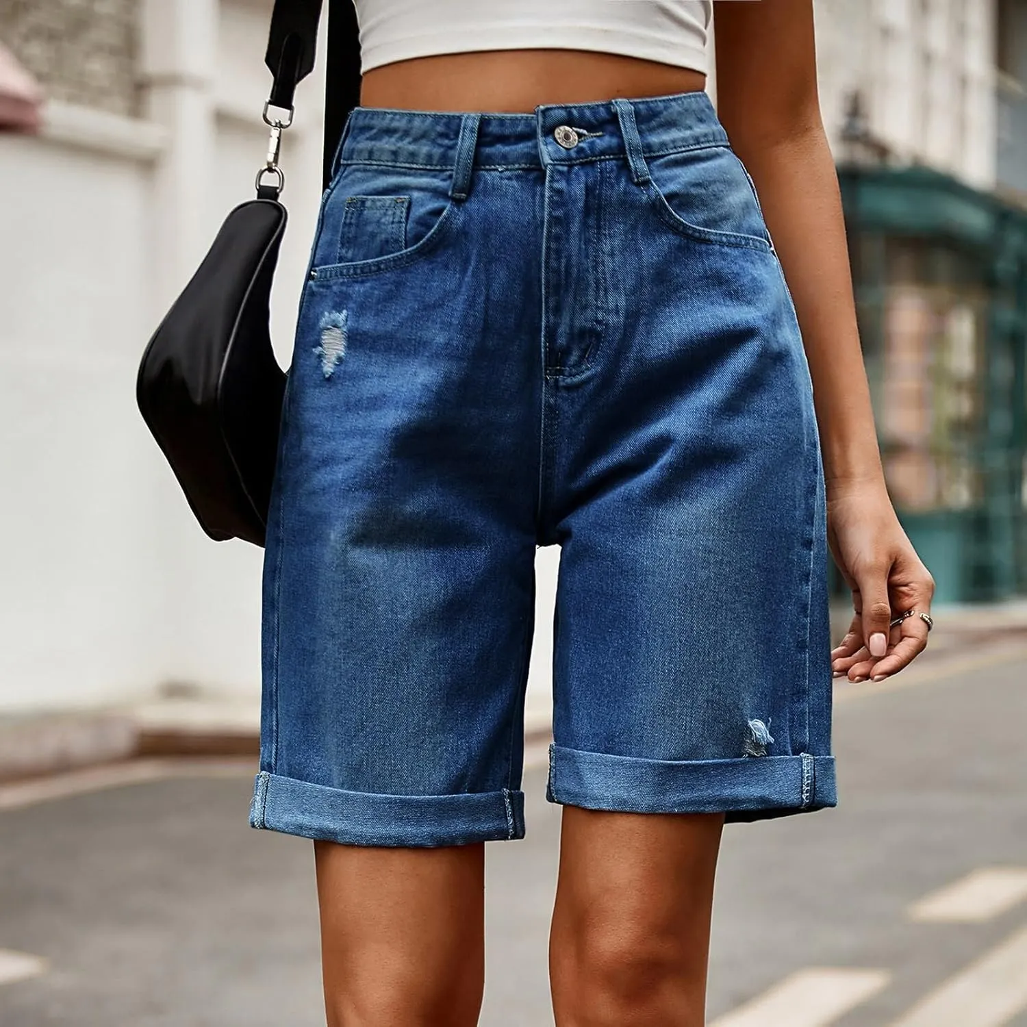 Women's Pleated Bermuda Jean Shorts Casual Knee Length Denim Shorts 2025 Trendy High Waisted Short Pants with Pocket