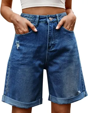 Women's Pleated Bermuda Jean Shorts Casual Knee Length Denim Shorts 2025 Trendy High Waisted Short Pants with Pocket