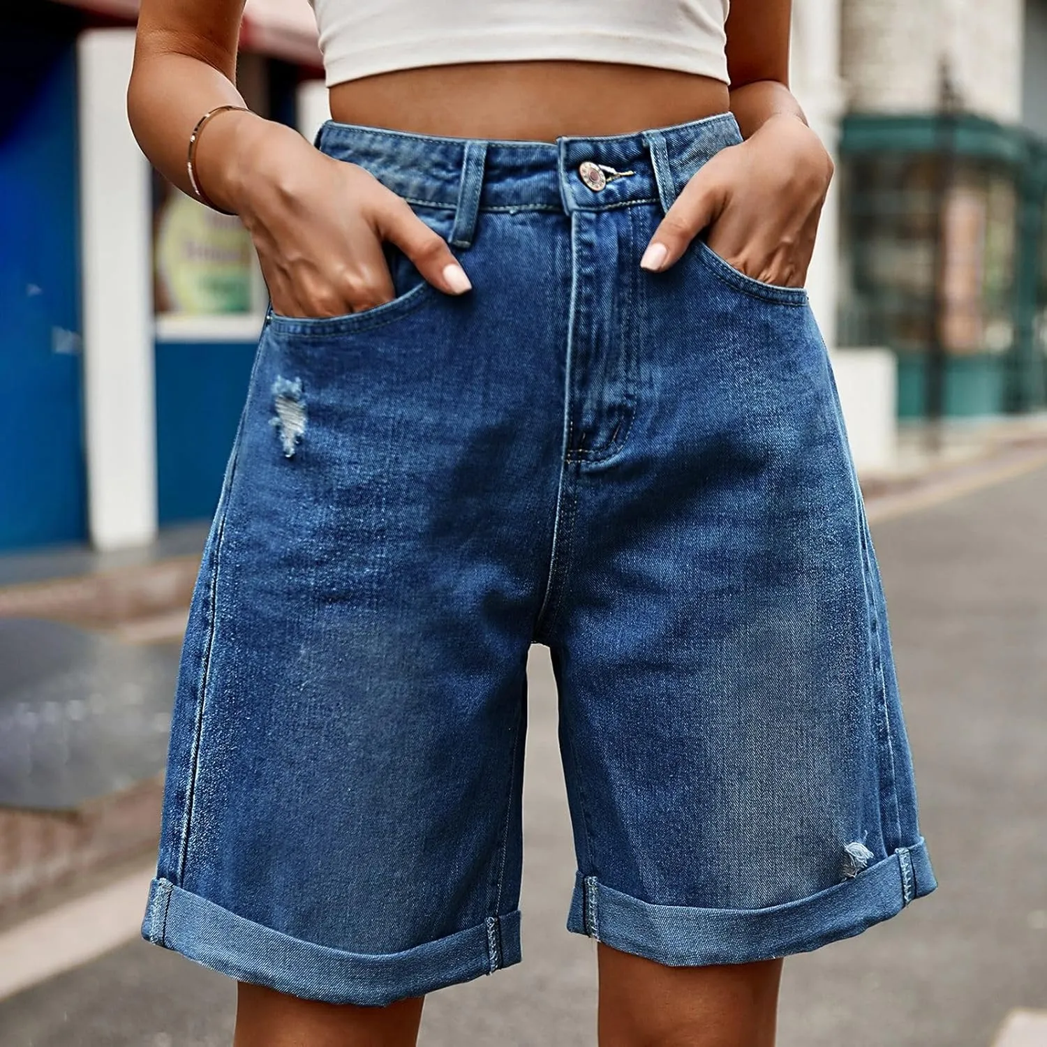 Women's Pleated Bermuda Jean Shorts Casual Knee Length Denim Shorts 2025 Trendy High Waisted Short Pants with Pocket