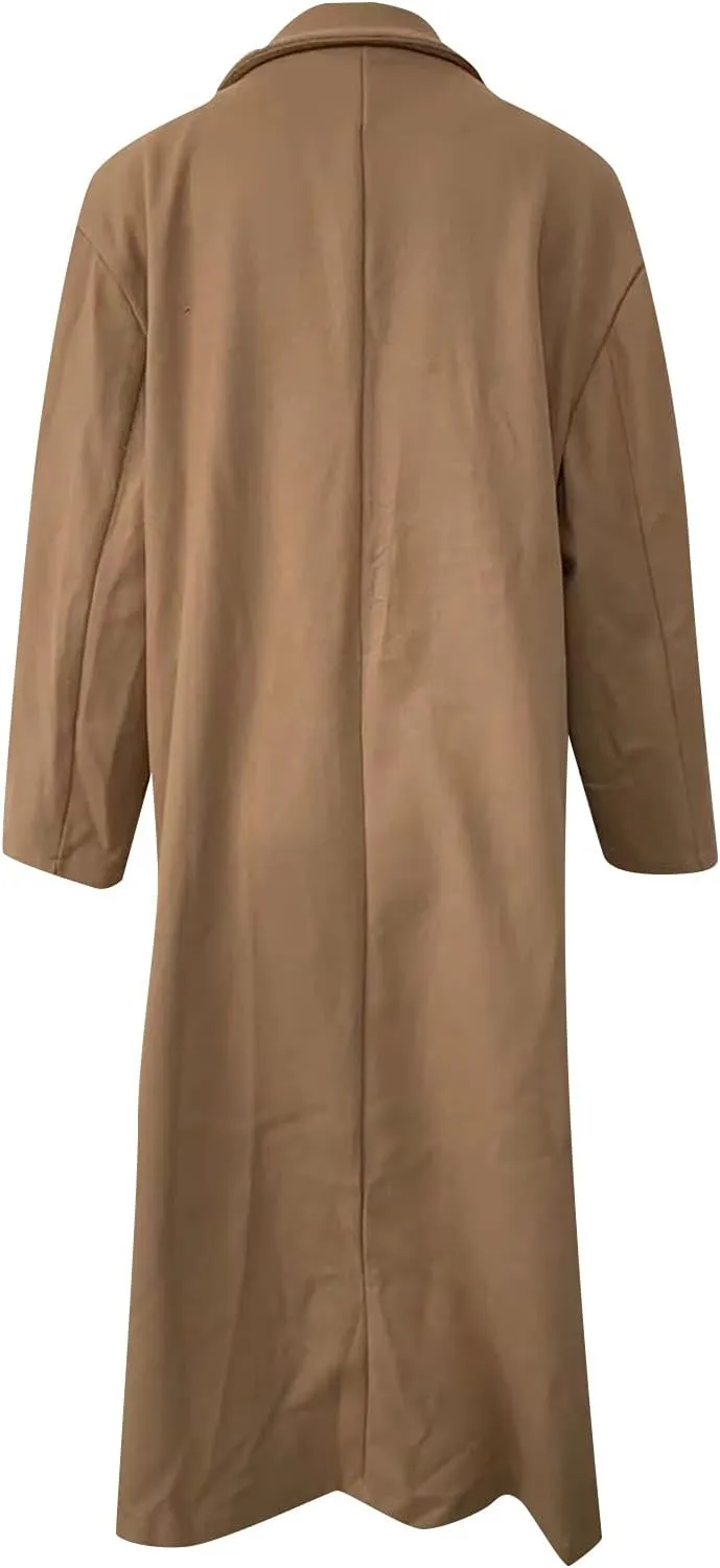 Women's Plus Size Trench Coat Fashion Long Notch Lapel Double Breasted Cardigans Wool Blend Pea Coats Winter Outwear