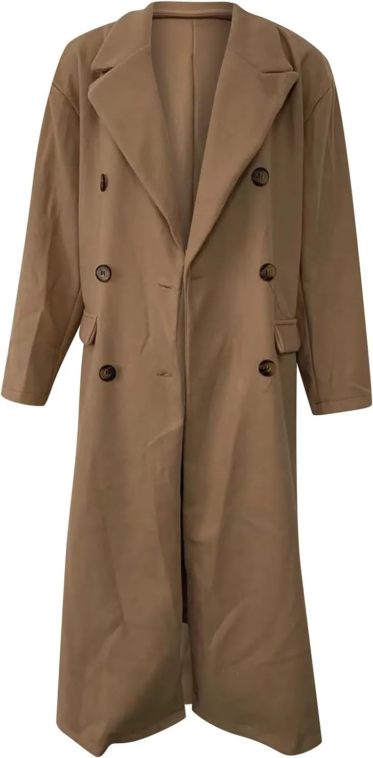 Women's Plus Size Trench Coat Fashion Long Notch Lapel Double Breasted Cardigans Wool Blend Pea Coats Winter Outwear
