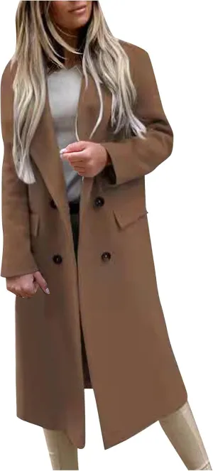 Women's Plus Size Trench Coat Fashion Long Notch Lapel Double Breasted Cardigans Wool Blend Pea Coats Winter Outwear