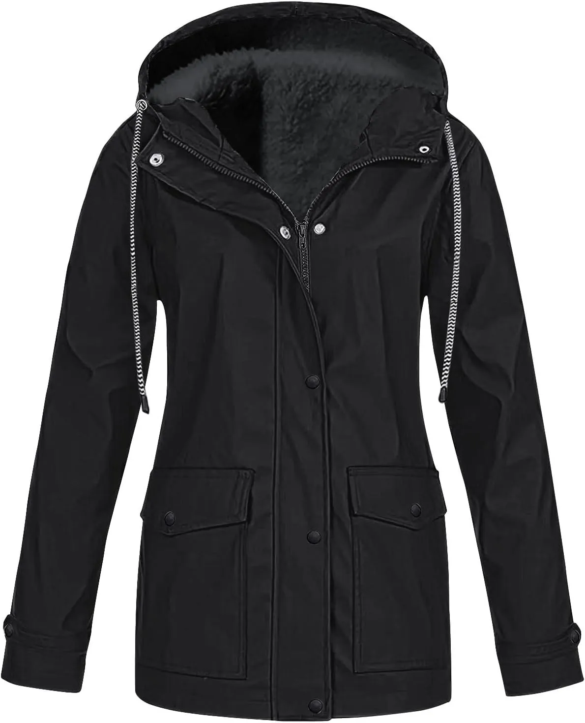Womens Rain Jackets with Hood Waterproof Casual Fleece Lined Lightweight Rain Coat Plus Size Outdoor Trench Coat