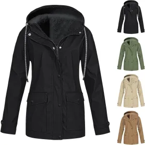 Womens Rain Jackets with Hood Waterproof Casual Fleece Lined Lightweight Rain Coat Plus Size Outdoor Trench Coat