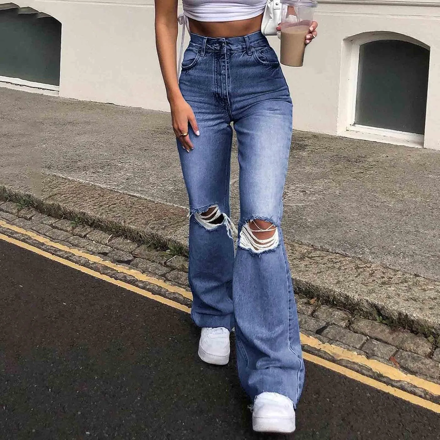 Womens Ripped Flared Jeans Button Zipper High Waisted with Pockets Wide Leg Denim 2024 Chic Style Stretchy Slim Jeans