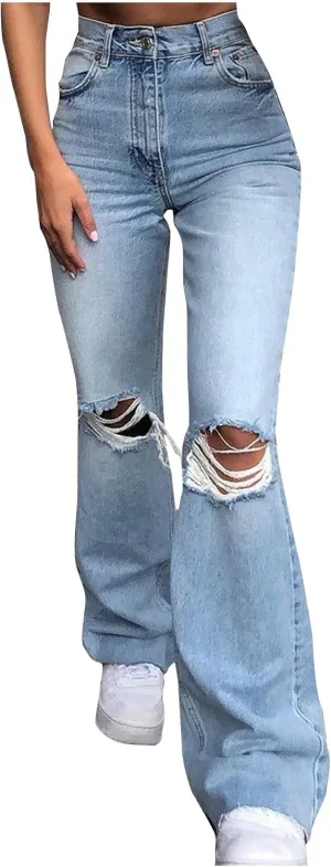 Womens Ripped Flared Jeans Button Zipper High Waisted with Pockets Wide Leg Denim 2024 Chic Style Stretchy Slim Jeans