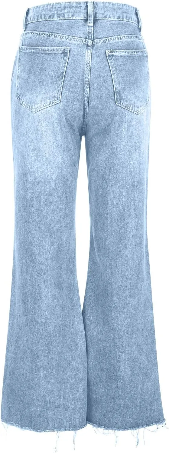 Womens Ripped Flared Jeans Button Zipper High Waisted with Pockets Wide Leg Denim 2024 Chic Style Stretchy Slim Jeans
