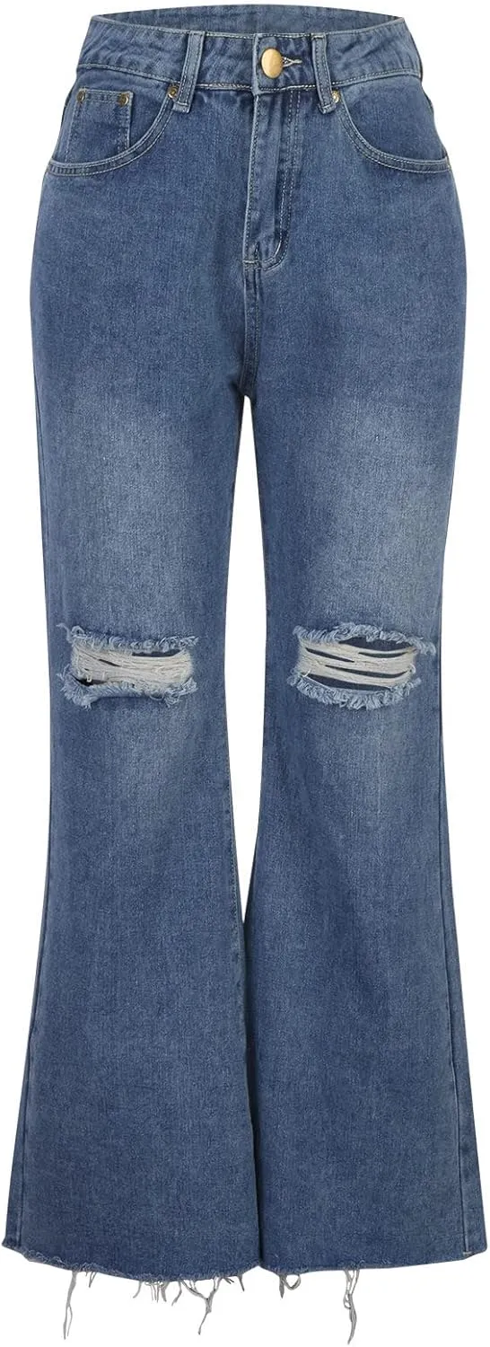 Womens Ripped Flared Jeans Button Zipper High Waisted with Pockets Wide Leg Denim 2024 Chic Style Stretchy Slim Jeans