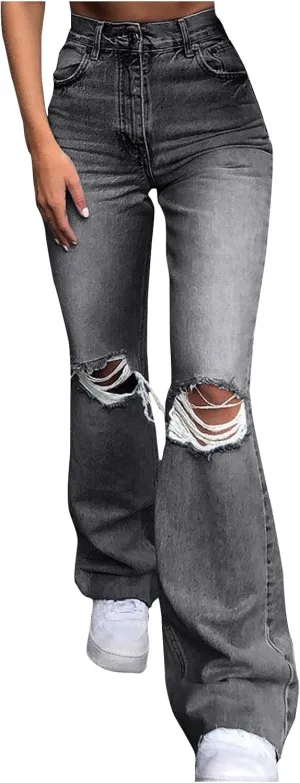 Womens Ripped Flared Jeans Button Zipper High Waisted with Pockets Wide Leg Denim 2024 Chic Style Stretchy Slim Jeans