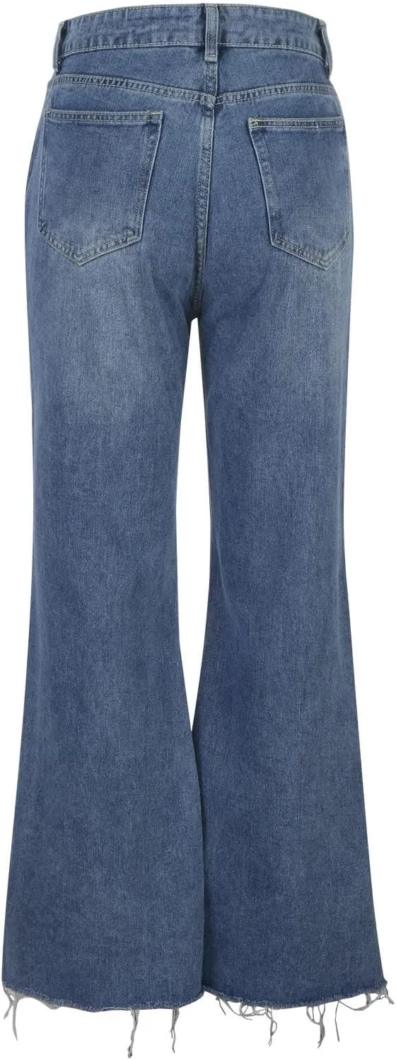 Womens Ripped Flared Jeans Button Zipper High Waisted with Pockets Wide Leg Denim 2024 Chic Style Stretchy Slim Jeans