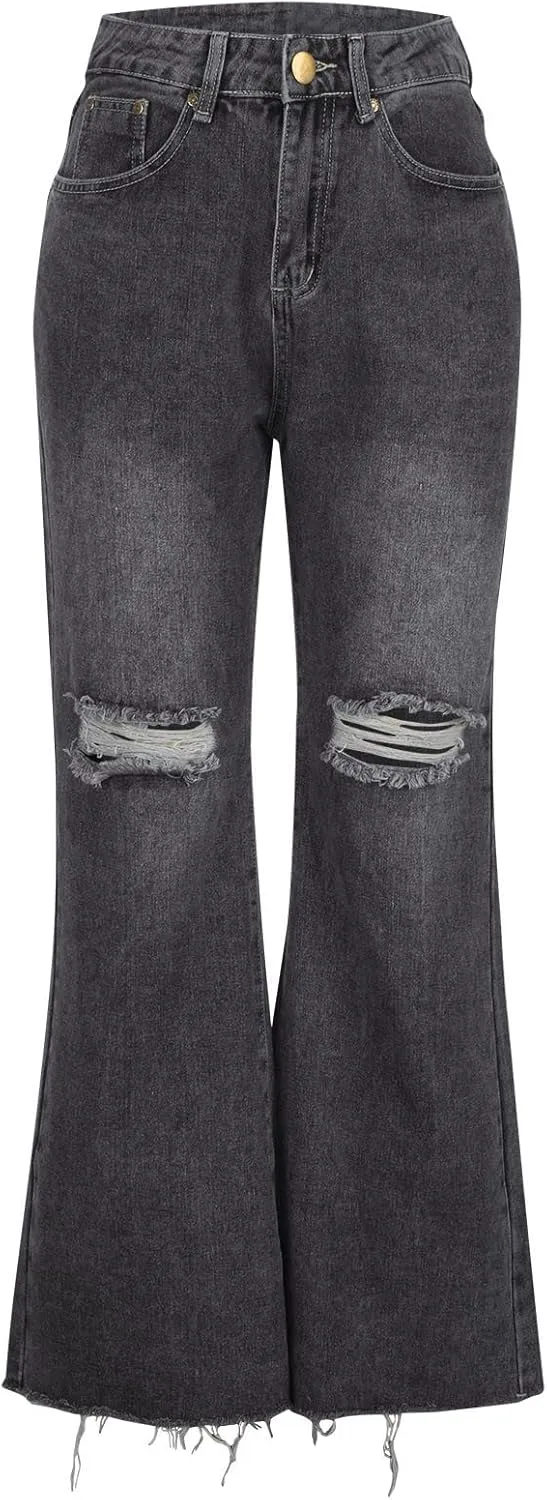 Womens Ripped Flared Jeans Button Zipper High Waisted with Pockets Wide Leg Denim 2024 Chic Style Stretchy Slim Jeans