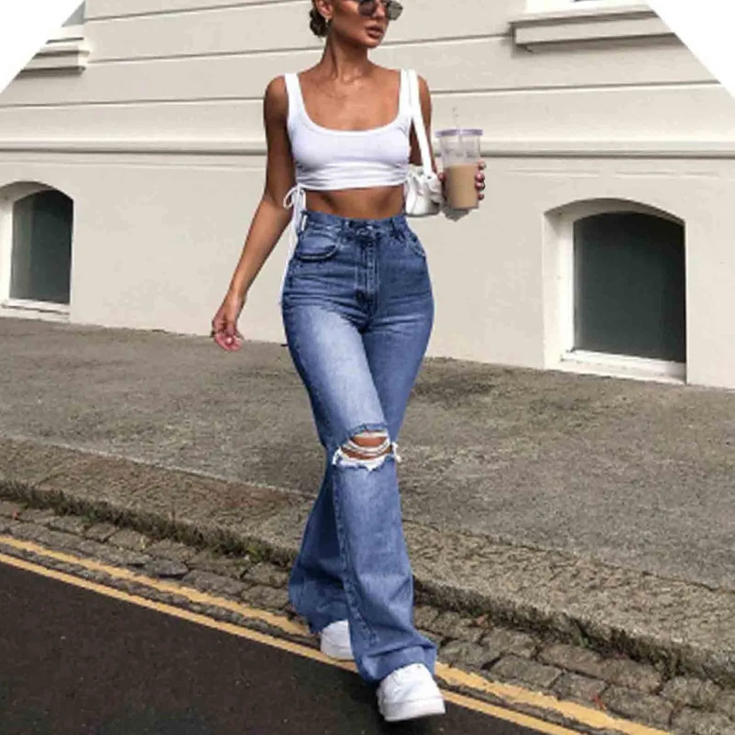Womens Ripped Flared Jeans Button Zipper High Waisted with Pockets Wide Leg Denim 2024 Chic Style Stretchy Slim Jeans
