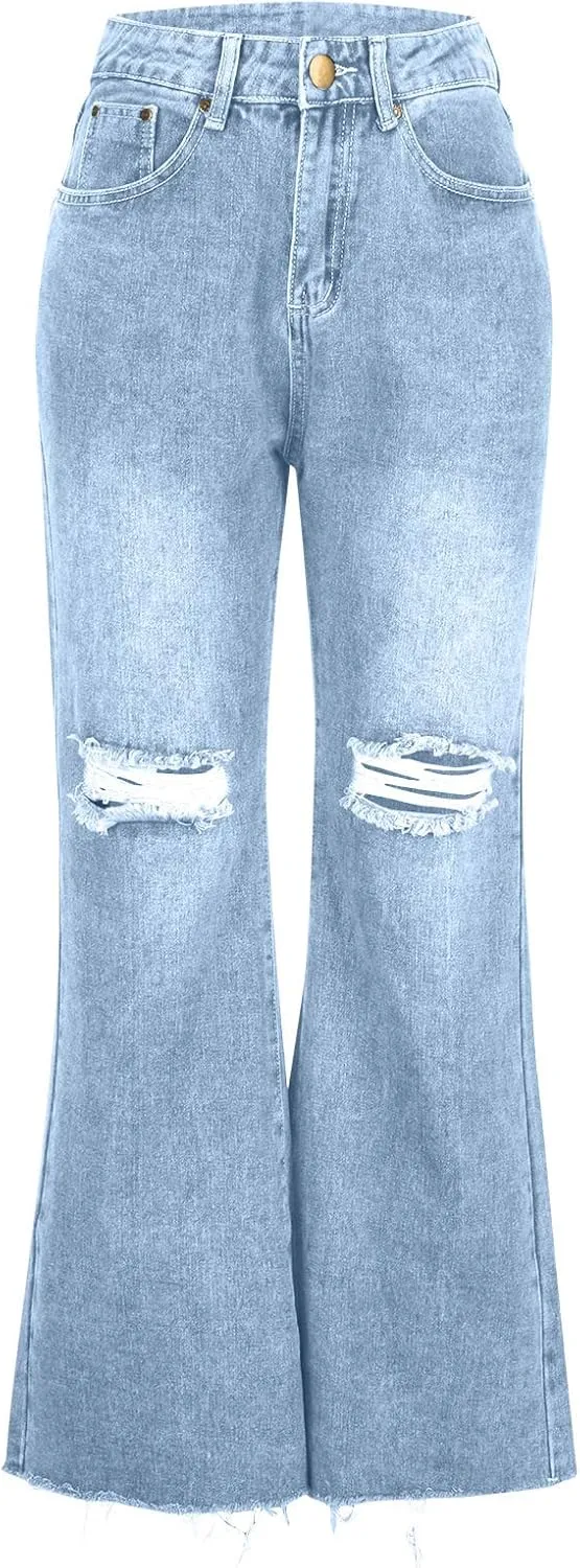 Womens Ripped Flared Jeans Button Zipper High Waisted with Pockets Wide Leg Denim 2024 Chic Style Stretchy Slim Jeans