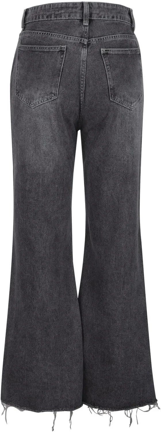 Womens Ripped Flared Jeans Button Zipper High Waisted with Pockets Wide Leg Denim 2024 Chic Style Stretchy Slim Jeans