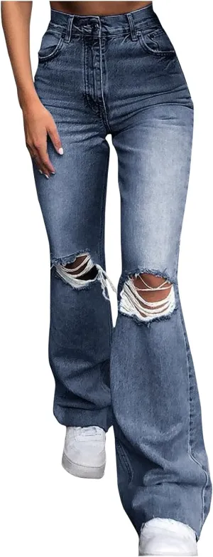 Womens Ripped Flared Jeans Button Zipper High Waisted with Pockets Wide Leg Denim 2024 Chic Style Stretchy Slim Jeans
