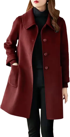 Womens Single Breasted Casual Trench Coat Long Sleeve Buuton Down Lapel Neck Elegant Outwear with Pockets Winter