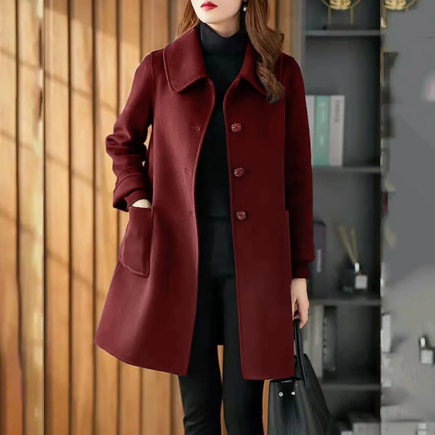 Womens Single Breasted Casual Trench Coat Long Sleeve Buuton Down Lapel Neck Elegant Outwear with Pockets Winter