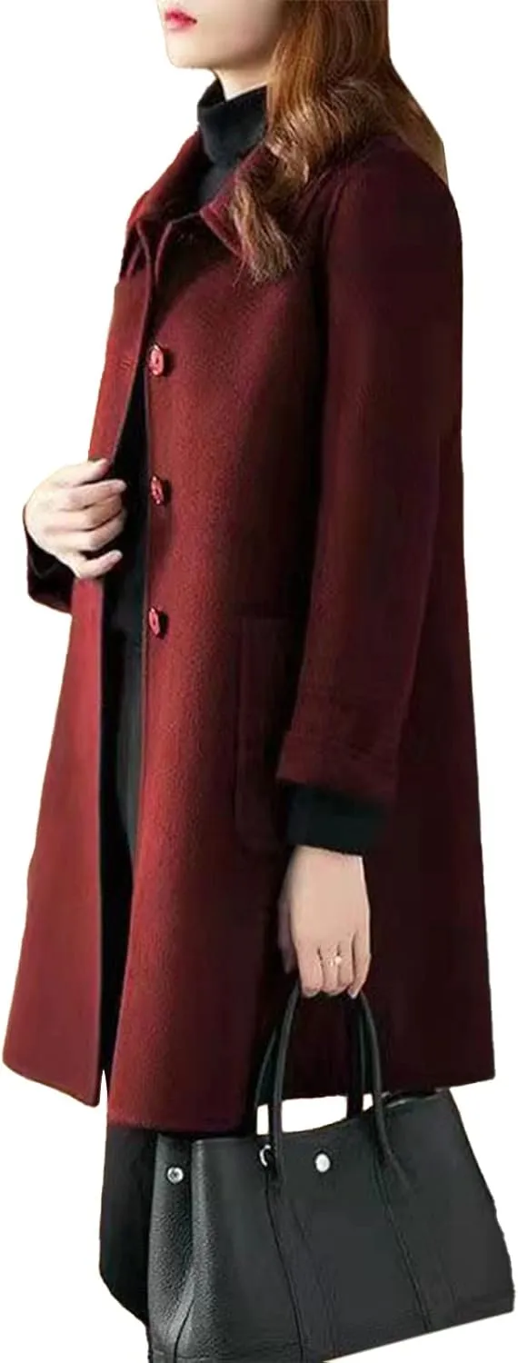Womens Single Breasted Casual Trench Coat Long Sleeve Buuton Down Lapel Neck Elegant Outwear with Pockets Winter