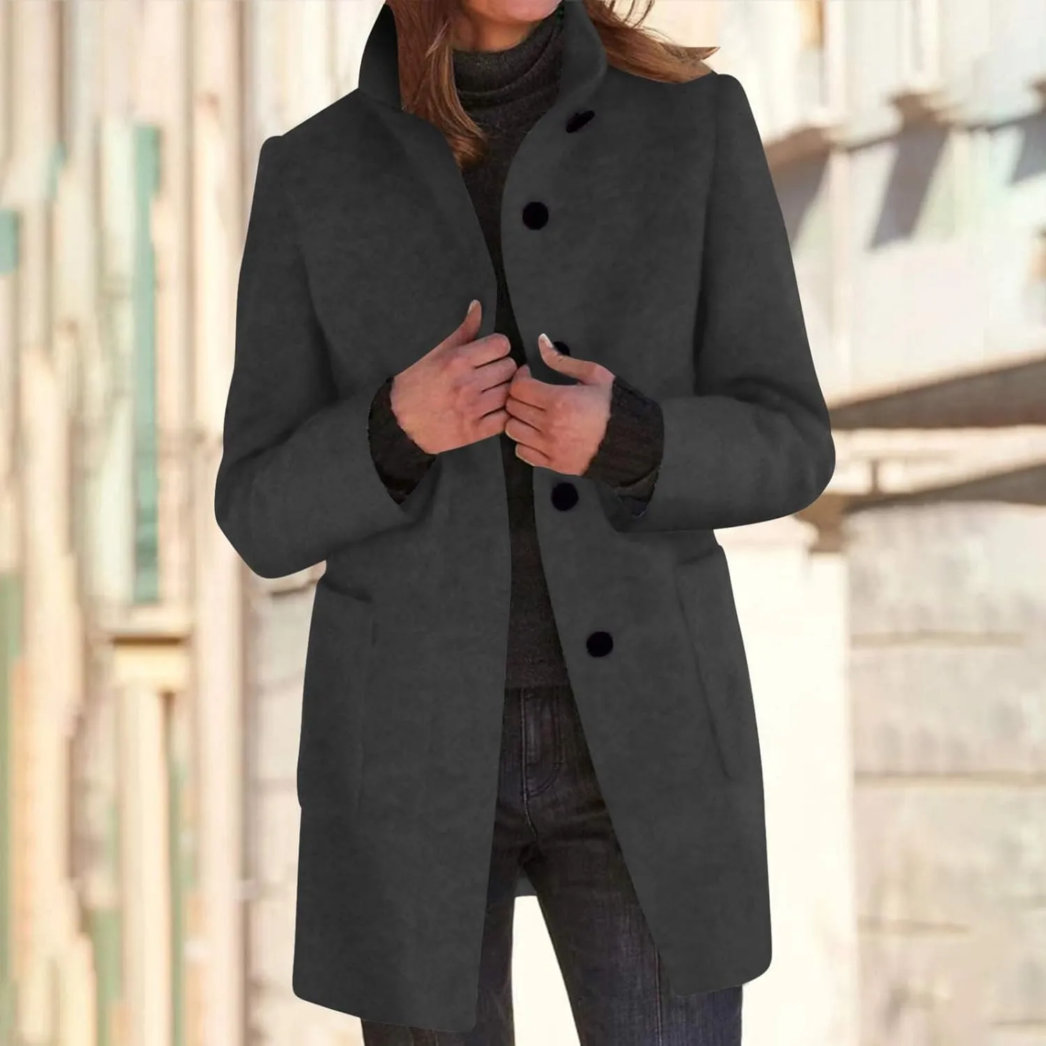 Womens Single-Breasted Wool Coats Casual Lapel Collared Oversized Trench Coat Soft Warm Winter Pea Coat Outwear
