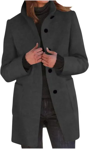 Womens Single-Breasted Wool Coats Casual Lapel Collared Oversized Trench Coat Soft Warm Winter Pea Coat Outwear