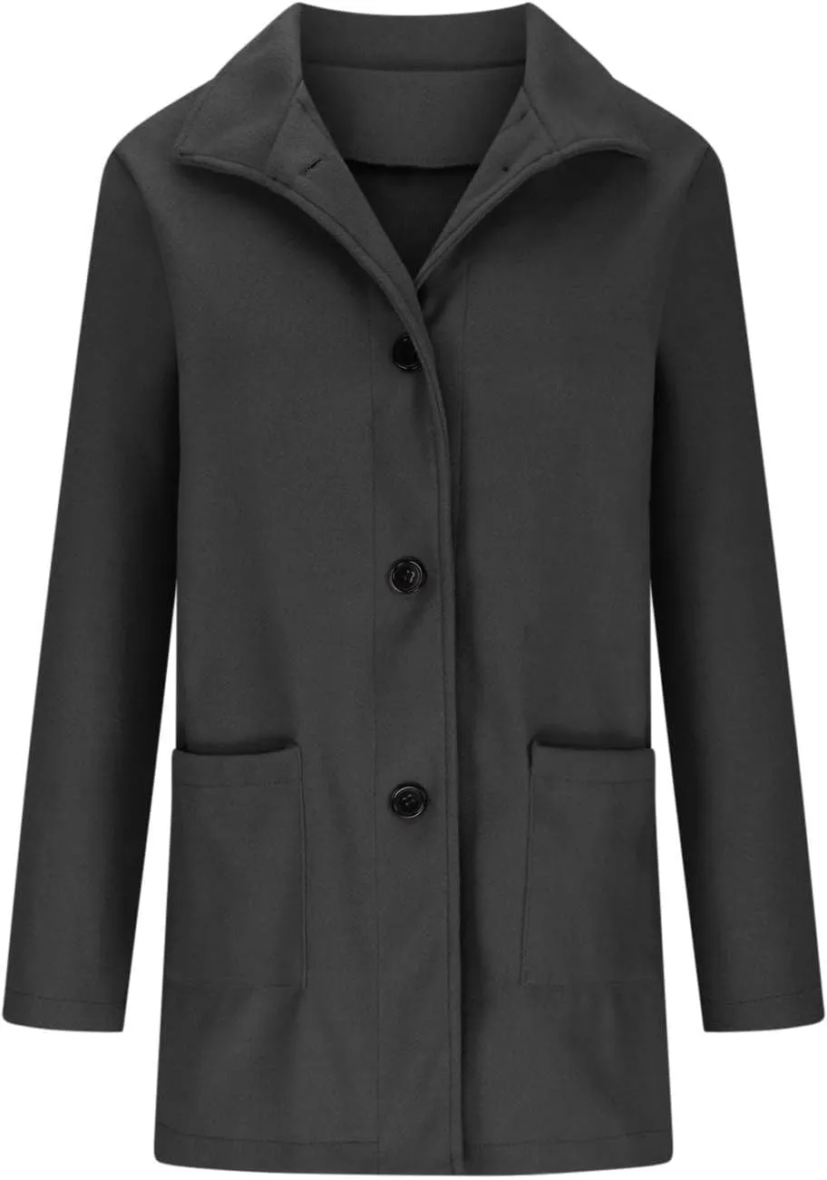 Womens Single-Breasted Wool Coats Casual Lapel Collared Oversized Trench Coat Soft Warm Winter Pea Coat Outwear
