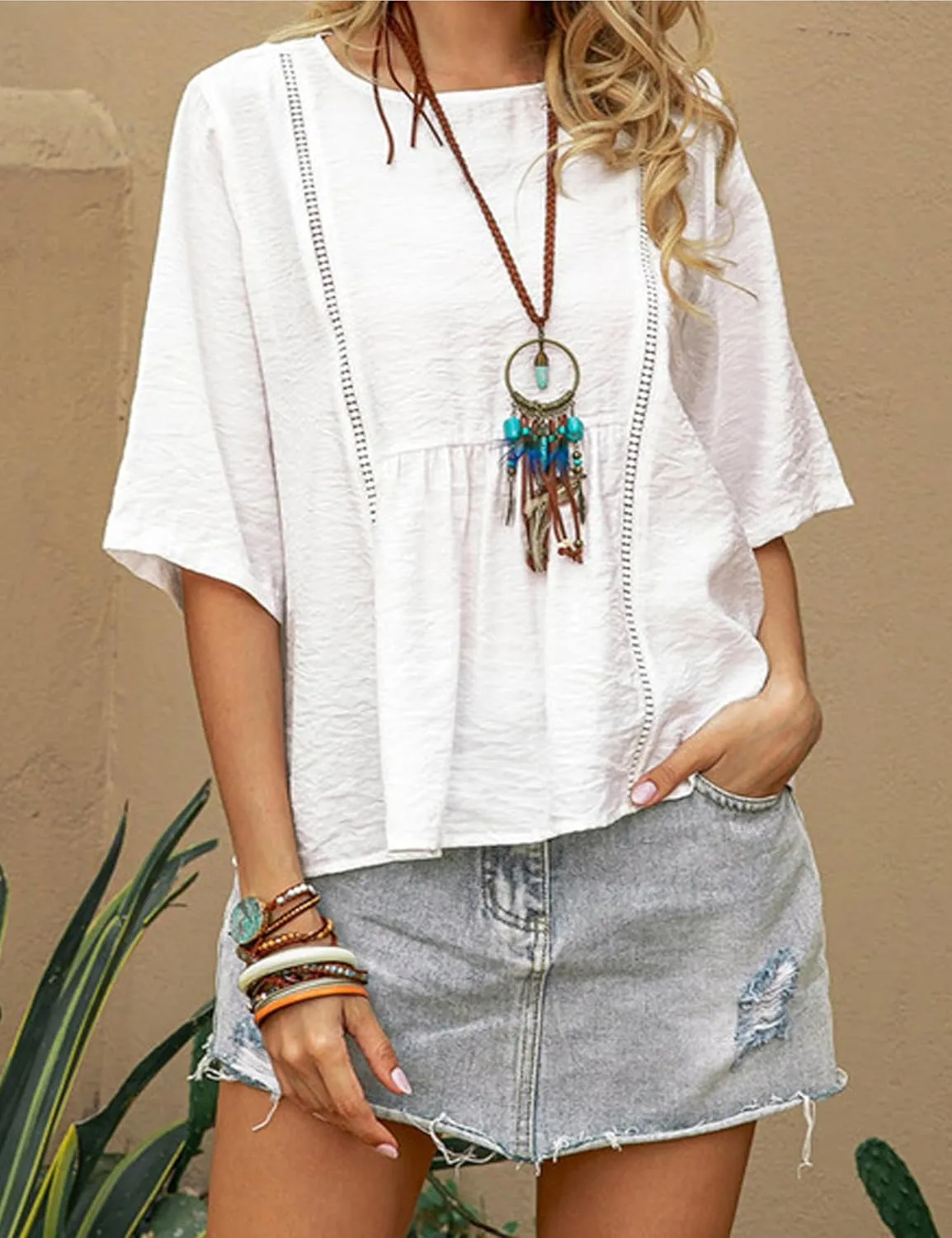 Womens Summer Cotton Linen Half Sleeve Shirt Crewneck Loose Fit Solid Oversized Basic Tee Blouse Tops