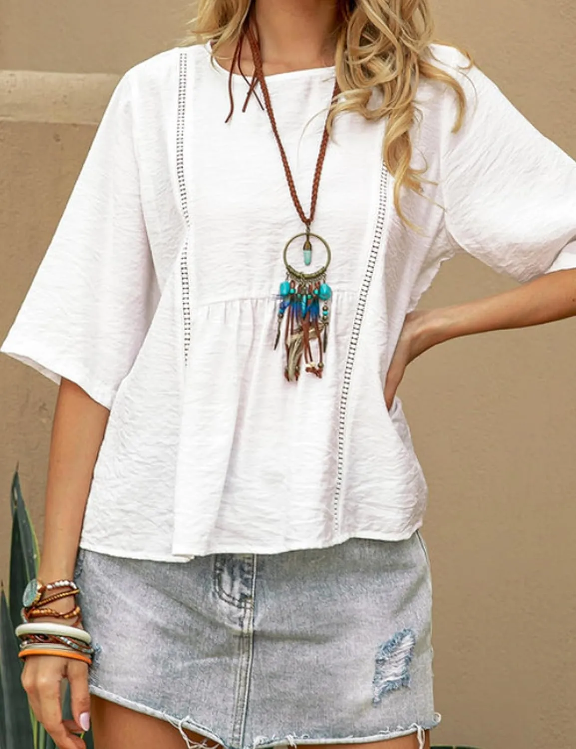 Womens Summer Cotton Linen Half Sleeve Shirt Crewneck Loose Fit Solid Oversized Basic Tee Blouse Tops