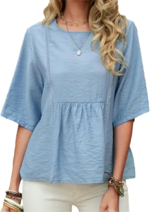 Womens Summer Cotton Linen Half Sleeve Shirt Crewneck Loose Fit Solid Oversized Basic Tee Blouse Tops