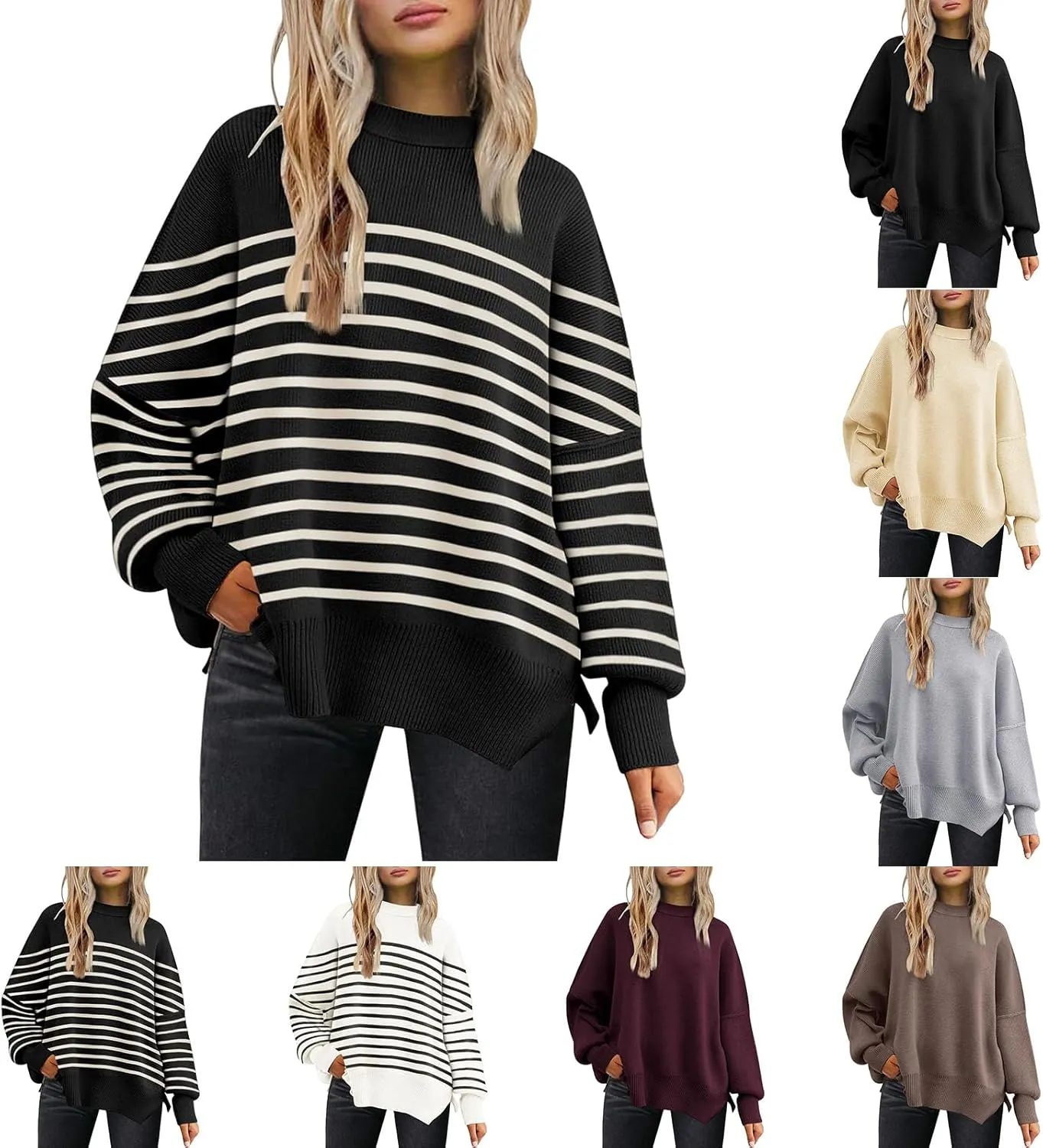 Womens Sweaters Casual Crewneck Batwing Sleeve Pullover Sweater Oversized Knit Side Slit Pullover Top