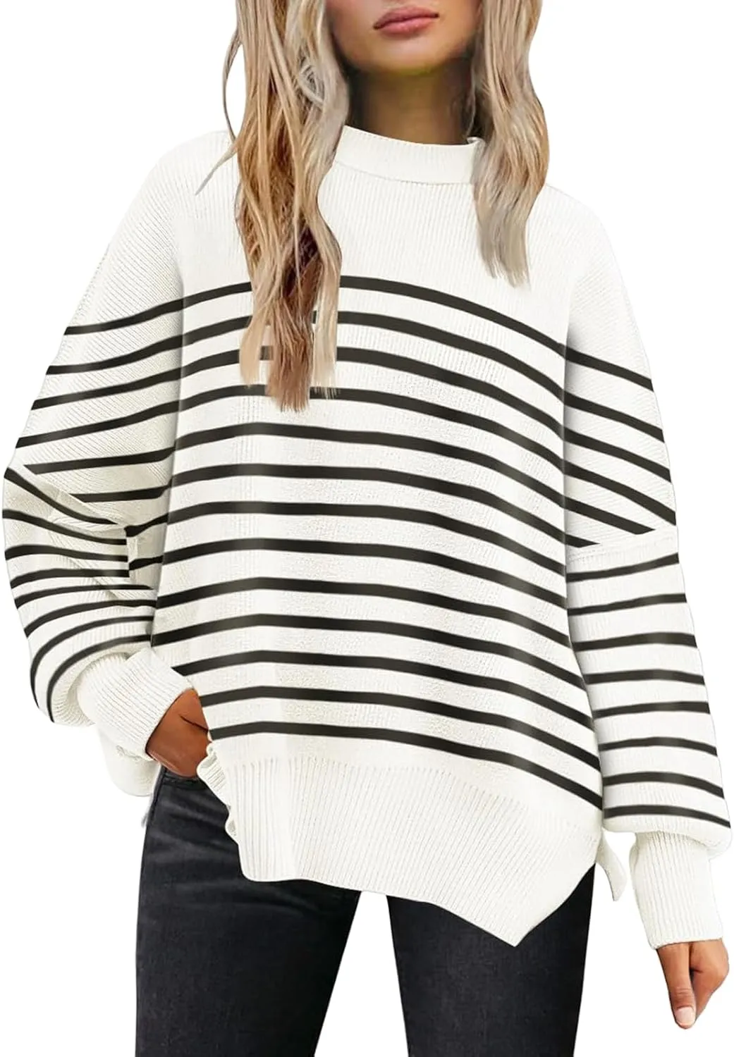 Womens Sweaters Casual Crewneck Batwing Sleeve Pullover Sweater Oversized Knit Side Slit Pullover Top