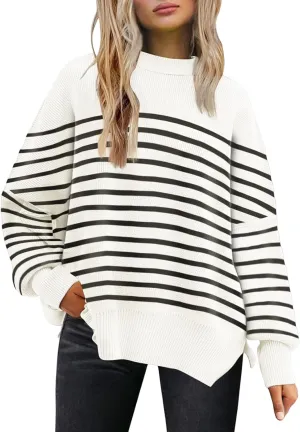 Womens Sweaters Casual Crewneck Batwing Sleeve Pullover Sweater Oversized Knit Side Slit Pullover Top