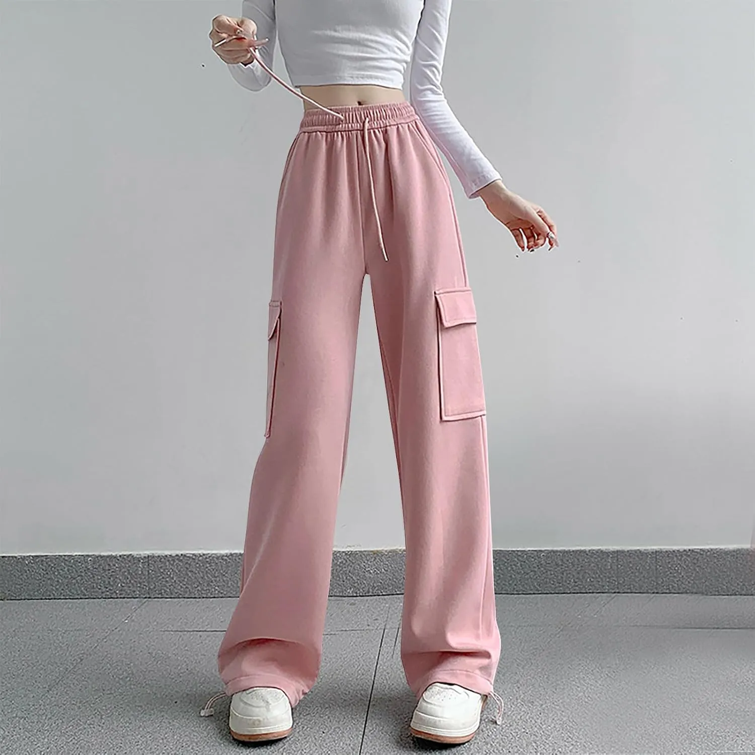 Womens Sweatpants Casual Baggy Wide Leg Joggers with Cargo Pockets Fall Winter Drawstring Fleece Lined Sweat Pants