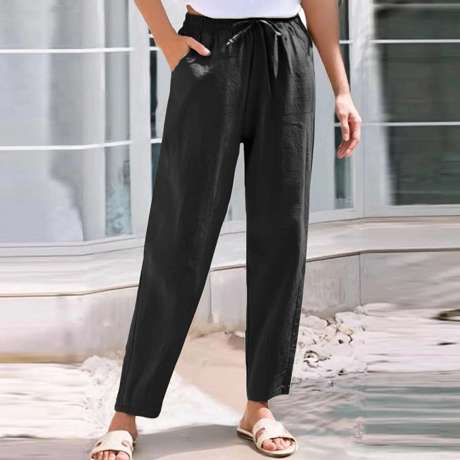 Womens Sweatpants, Peasant Pants Casual Straight Leg Plus Size Linen Lounge Stretchy