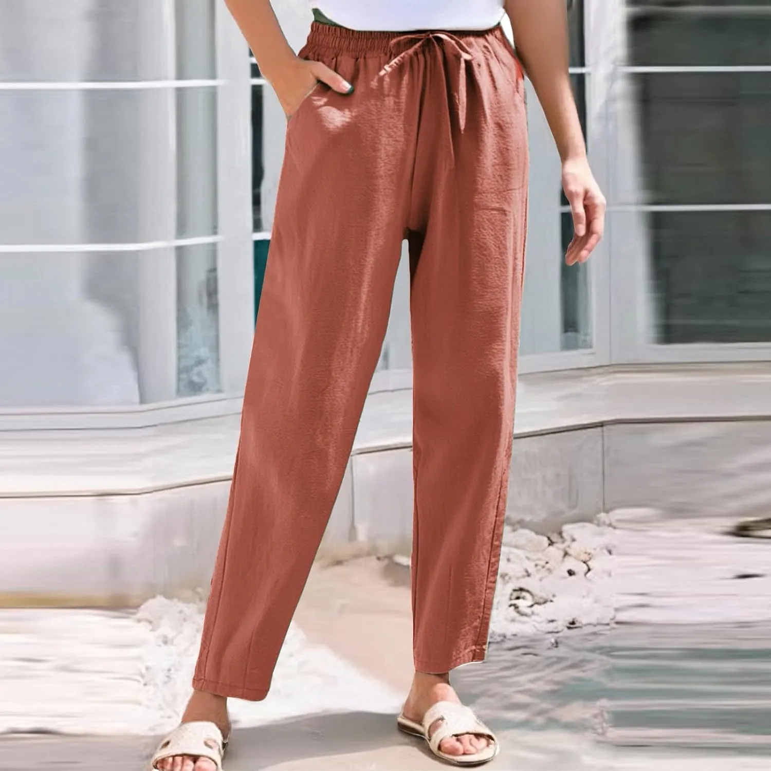 Womens Sweatpants, Peasant Pants Casual Straight Leg Plus Size Linen Lounge Stretchy