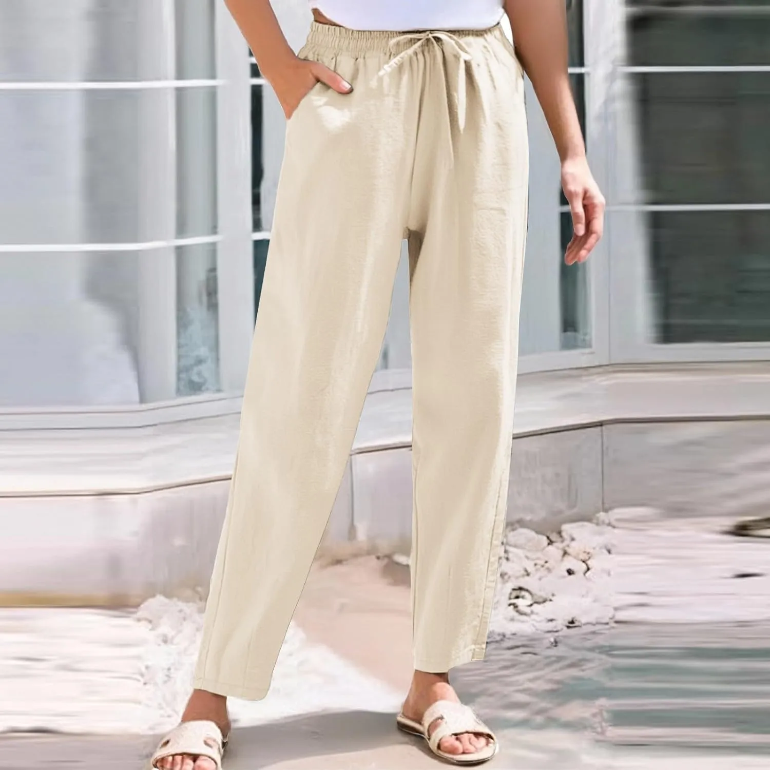 Womens Sweatpants, Peasant Pants Casual Straight Leg Plus Size Linen Lounge Stretchy