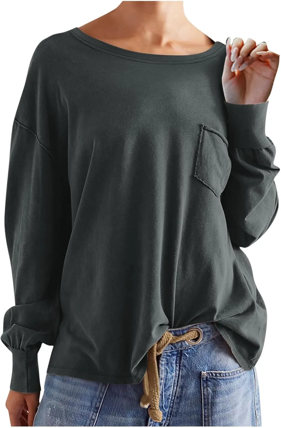 Womens Sweatshirts 2024 Casual Fall Tops Crewneck Long Sleeve Shirts Dropped Shoulder Loose Fit Basic T Shirts
