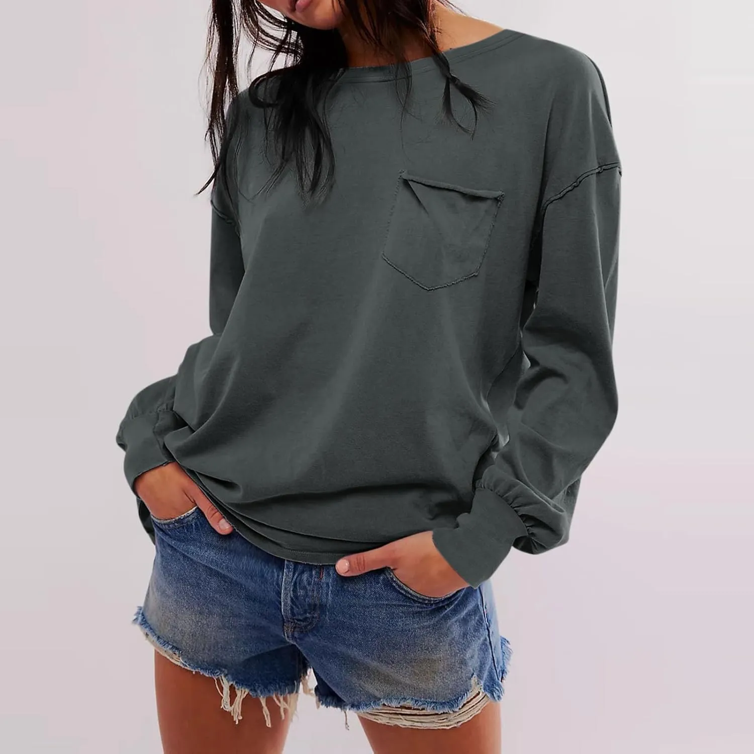 Womens Sweatshirts 2024 Casual Fall Tops Crewneck Long Sleeve Shirts Dropped Shoulder Loose Fit Basic T Shirts