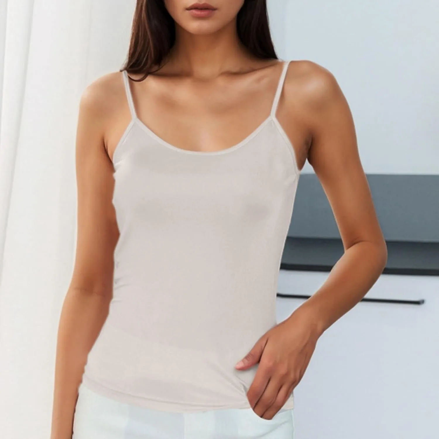 Women's Tank Tops Spaghetti Straps Crew Neck Casual Summer Solid Color Going Out Trendy Basic Sleeveless Clothes
