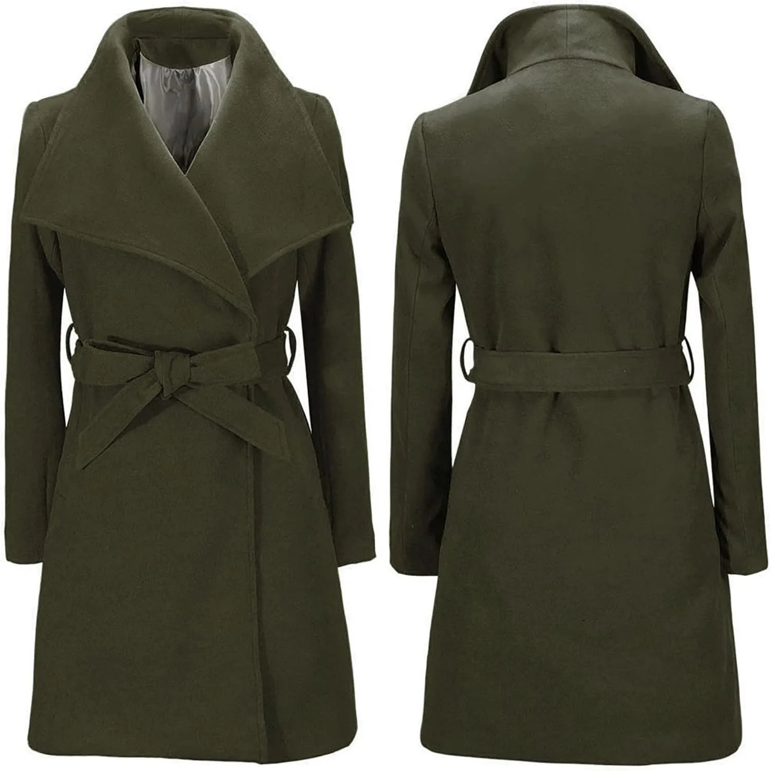 Women's Trench Coat Classic Lapel Overcoat Long Sleeve Winter Chunky Warm Mid-Length Belted Jacket Coat