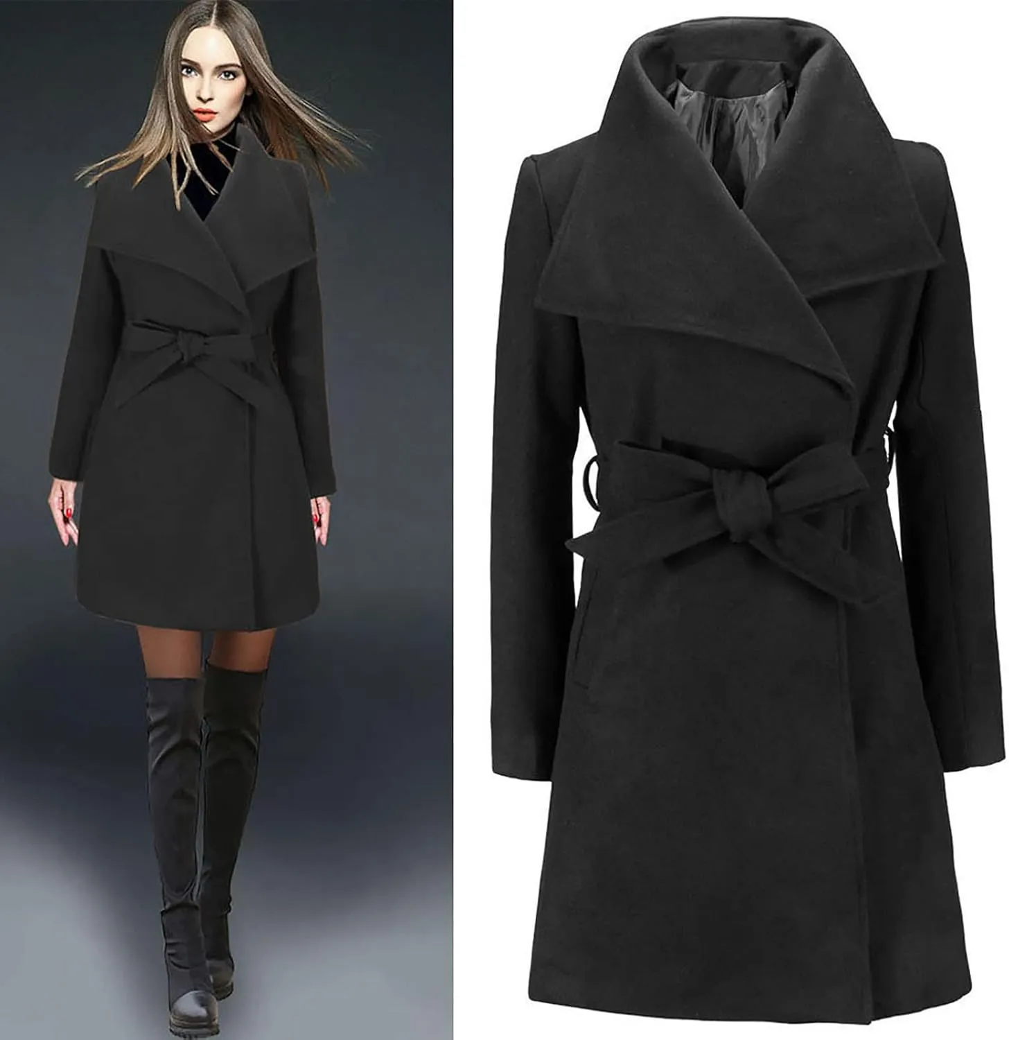 Women's Trench Coat Classic Lapel Overcoat Long Sleeve Winter Chunky Warm Mid-Length Belted Jacket Coat