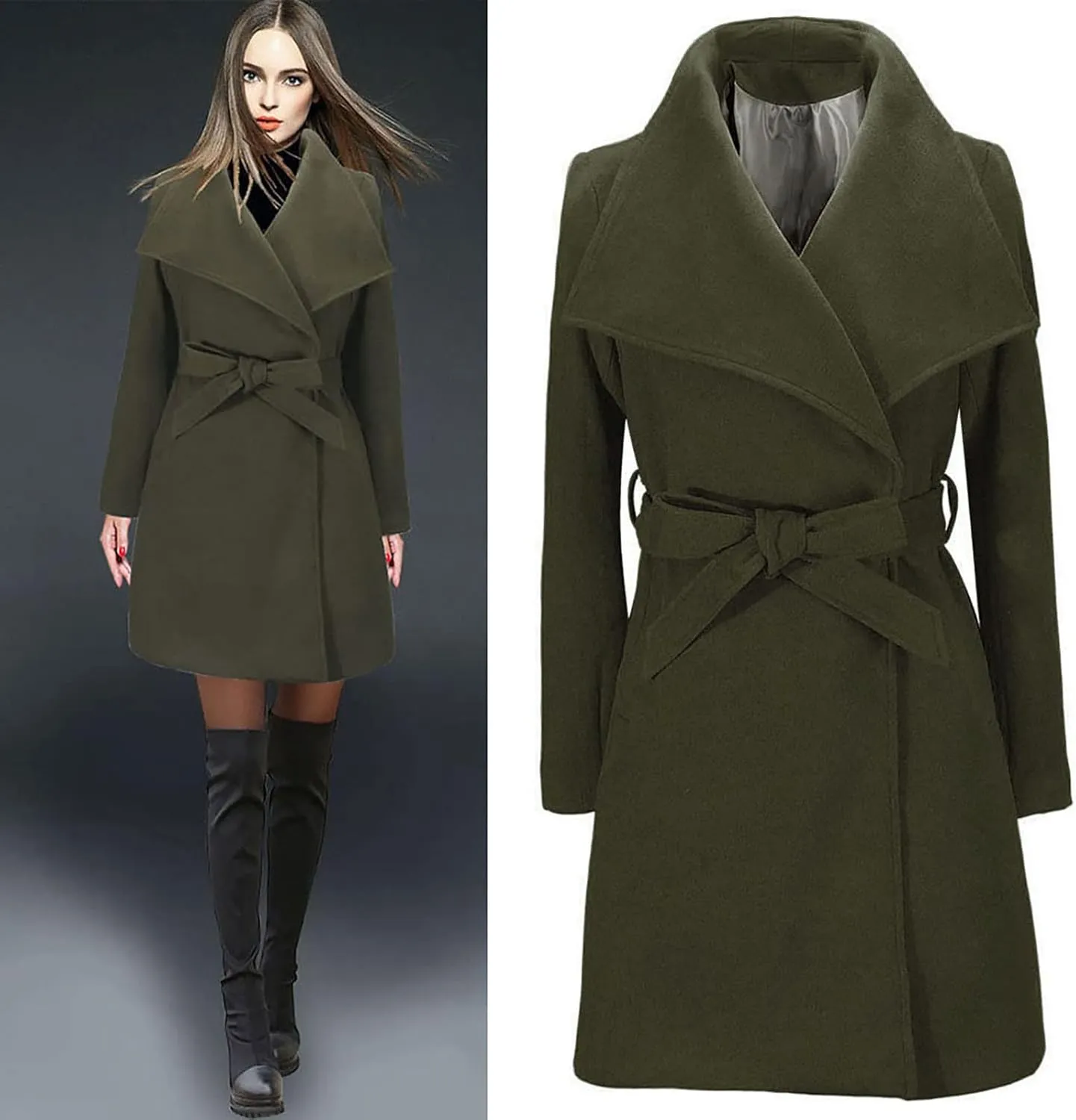 Women's Trench Coat Classic Lapel Overcoat Long Sleeve Winter Chunky Warm Mid-Length Belted Jacket Coat