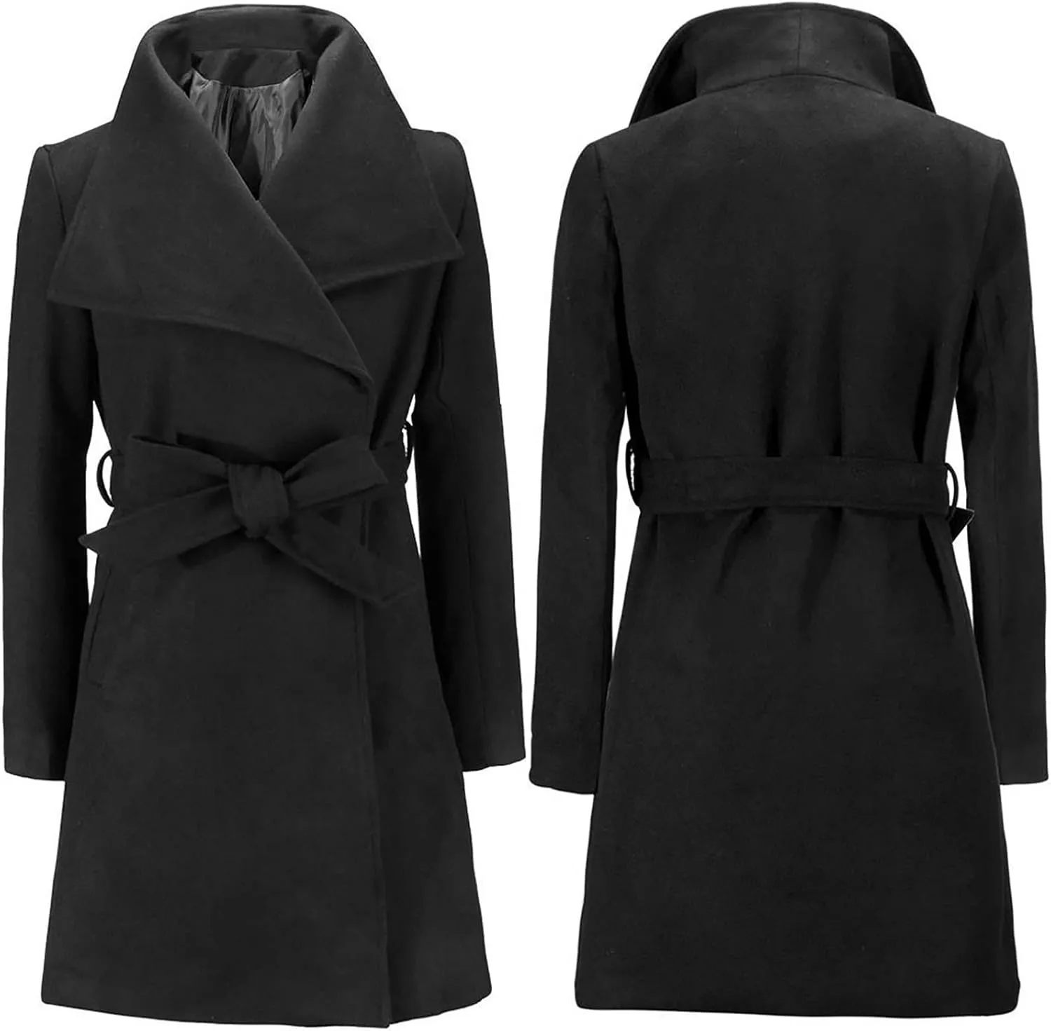 Women's Trench Coat Classic Lapel Overcoat Long Sleeve Winter Chunky Warm Mid-Length Belted Jacket Coat