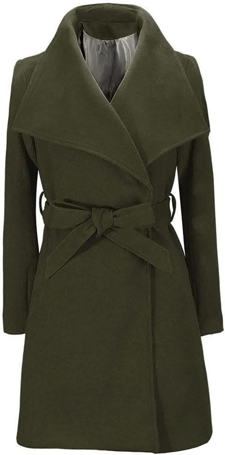 Women's Trench Coat Classic Lapel Overcoat Long Sleeve Winter Chunky Warm Mid-Length Belted Jacket Coat
