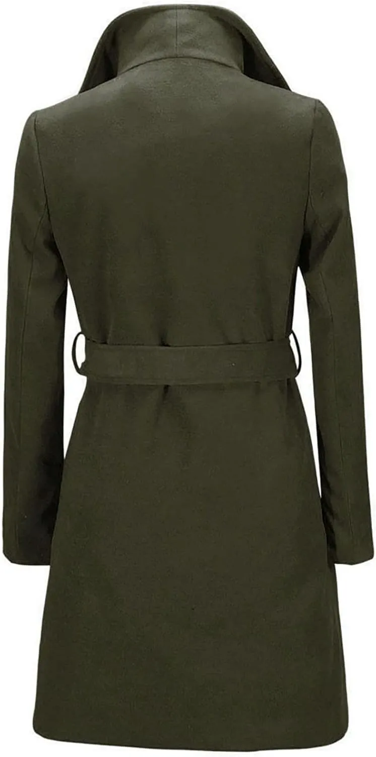 Women's Trench Coat Classic Lapel Overcoat Long Sleeve Winter Chunky Warm Mid-Length Belted Jacket Coat