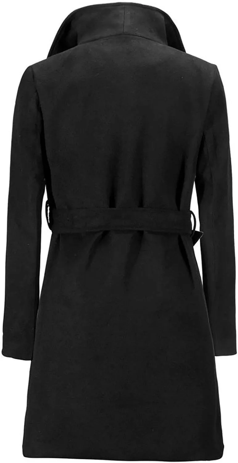 Women's Trench Coat Classic Lapel Overcoat Long Sleeve Winter Chunky Warm Mid-Length Belted Jacket Coat