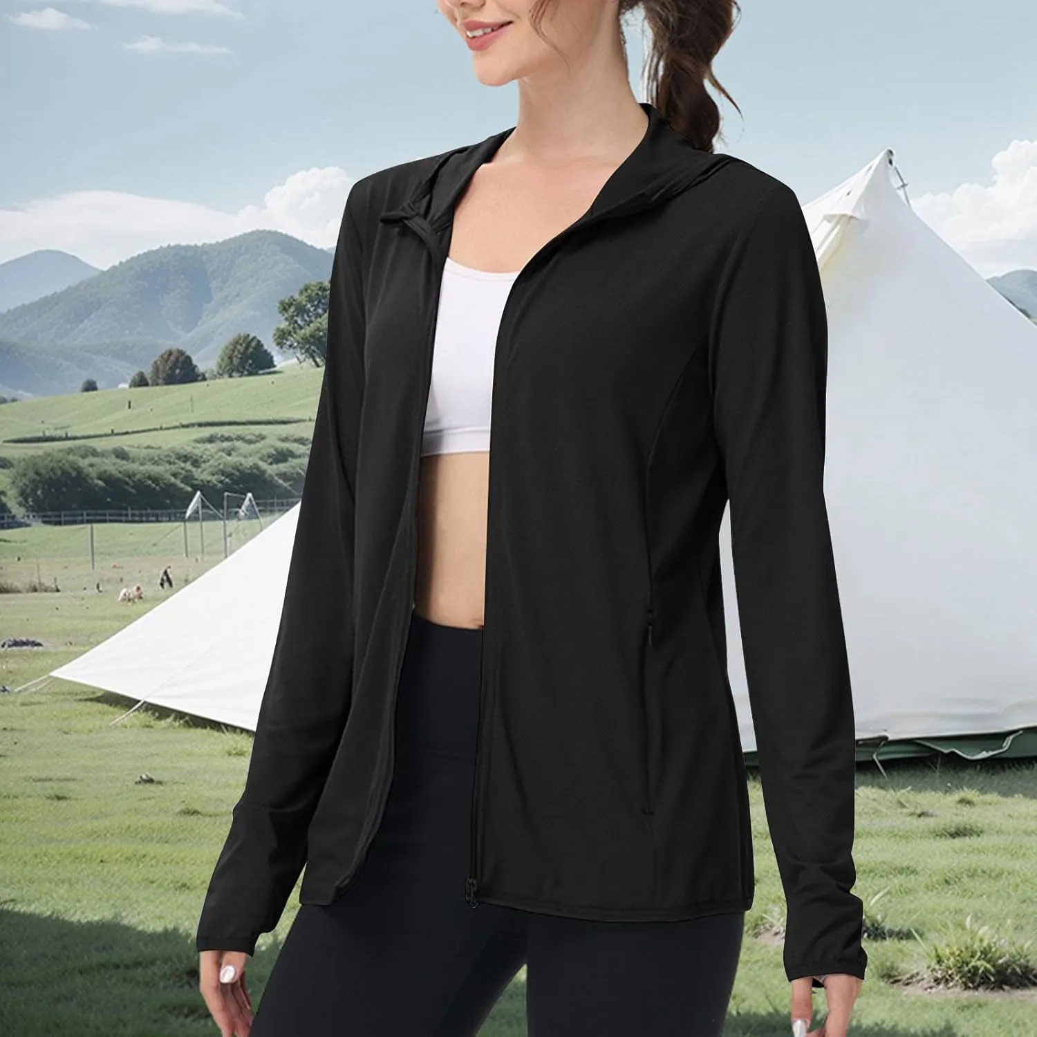 Womens UPF 50  UV Sun Protection Hoodie SPF Jacket Long Sleeve Sun Shirt w/Pockets Quick Dry Hiking Outdoor Clothing