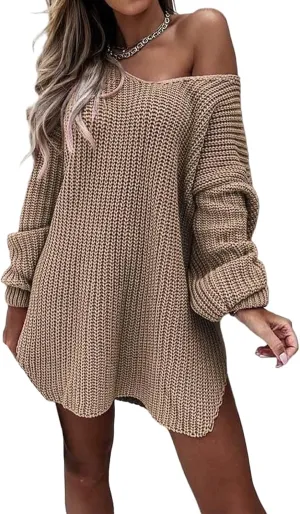 Womens V Neck Sweater Chunky Knit Sweaters Oversized Pullover Tops Long Sleeve Off Shoulder Jumper Loose Fit Tops