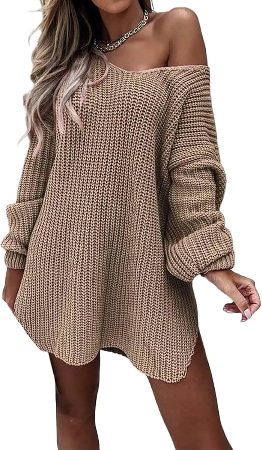 Womens V Neck Sweater Chunky Knit Sweaters Oversized Pullover Tops Long Sleeve Off Shoulder Jumper Loose Fit Tops