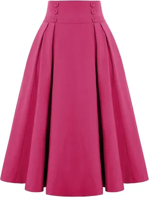 Womens Vintage Elastic Waisted Midi Skirts Solid Pleated Flared Office Work Casual Fashion Elegant Basic Skirts